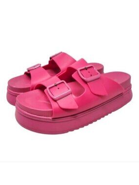 Truffle Collection | Chunky Platform Buckle Front Slides Sandals Neon Pink
